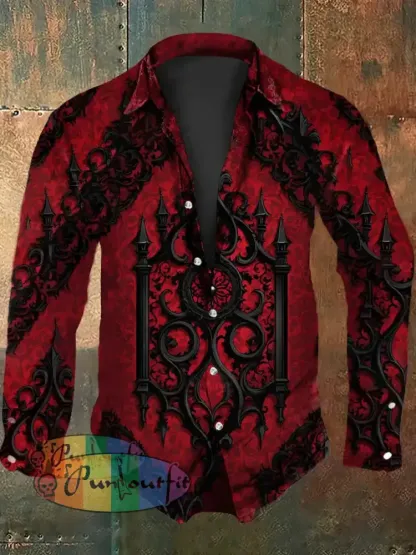 Men’s Vintage Punk Gothic Patterns Abstract Print Casual Long Sleeve Shirt Red / S