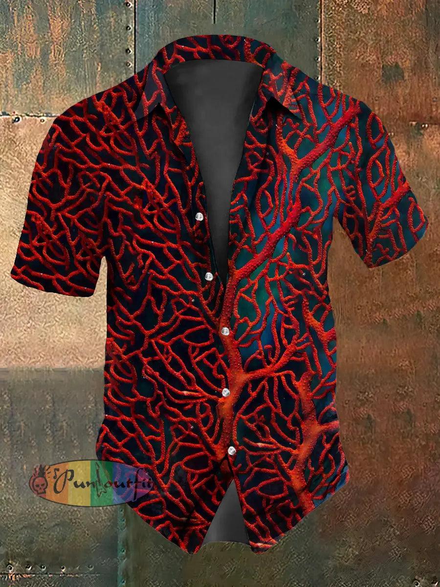 Men’s Vintage Punk Gothic Red Tree Branch Abstract Print Casual Cotton Short Sleeve Shirt Red / S