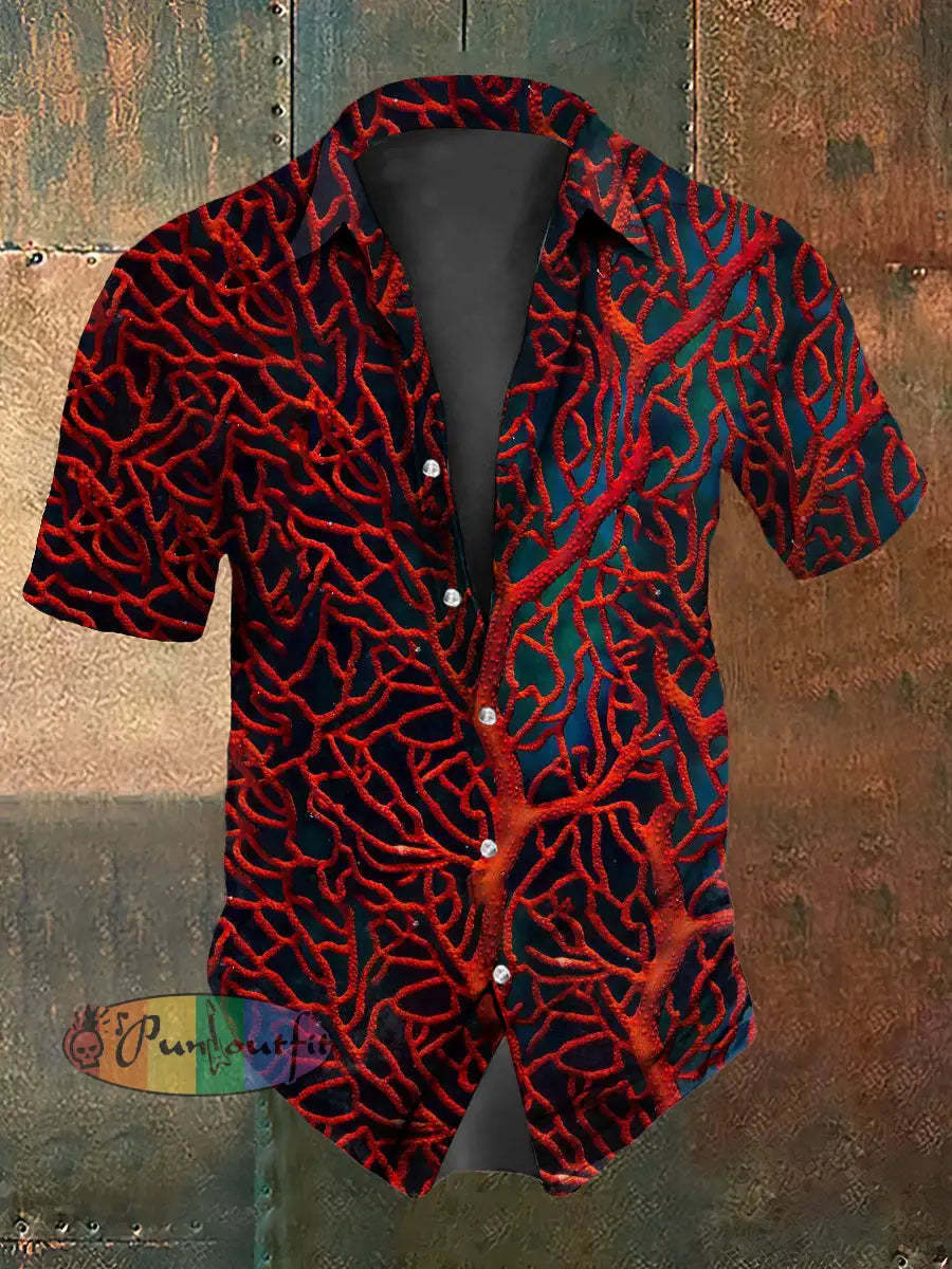 Men’s Vintage Punk Gothic Red Tree Branch Abstract Print Casual Cotton Short Sleeve Shirt Red / S