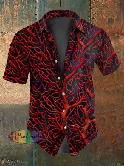 Men’s Vintage Punk Gothic Red Tree Branch Abstract Print Casual Cotton Short Sleeve Shirt Red / S