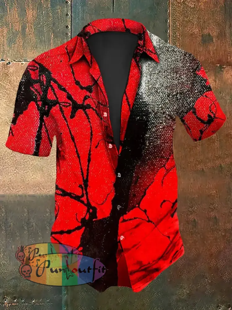 Men’s Vintage Punk Gothic Rust Texture Abstract Print Casual Cotton Short Sleeve Shirt Red / S