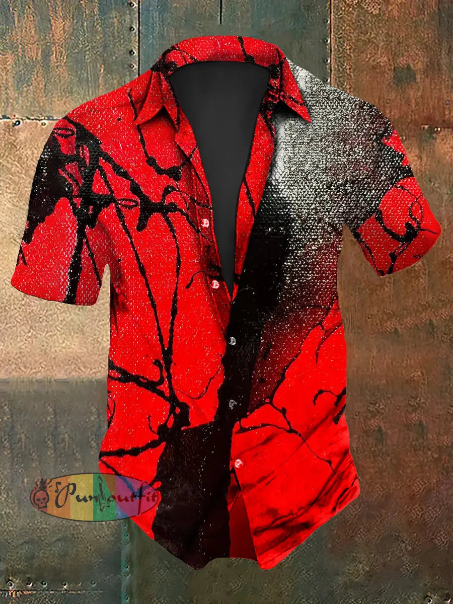 Men’s Vintage Punk Gothic Rust Texture Abstract Print Casual Cotton Short Sleeve Shirt Red / S