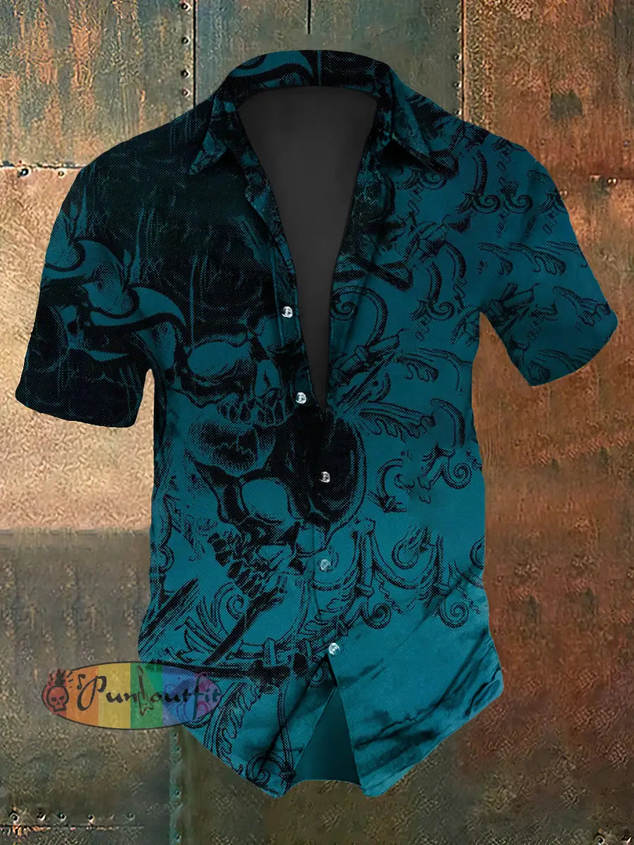 Men’s Vintage Punk Gothic Skull Graffiti Abstract Print Casual Cotton Short Sleeve Shirt Blue / S