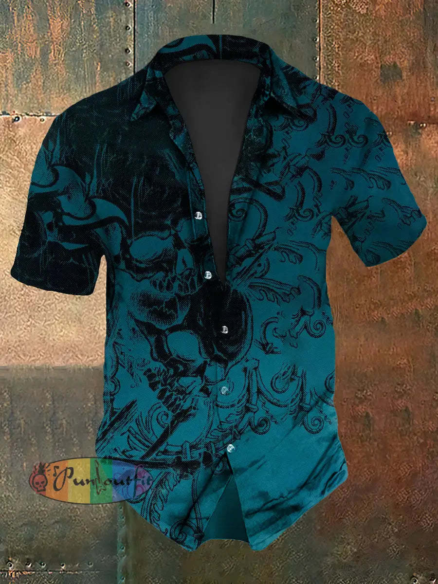 Men’s Vintage Punk Gothic Skull Graffiti Abstract Print Casual Cotton Short Sleeve Shirt Blue / S