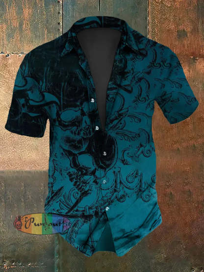 Men’s Vintage Punk Gothic Skull Graffiti Abstract Print Casual Cotton Short Sleeve Shirt Blue / S
