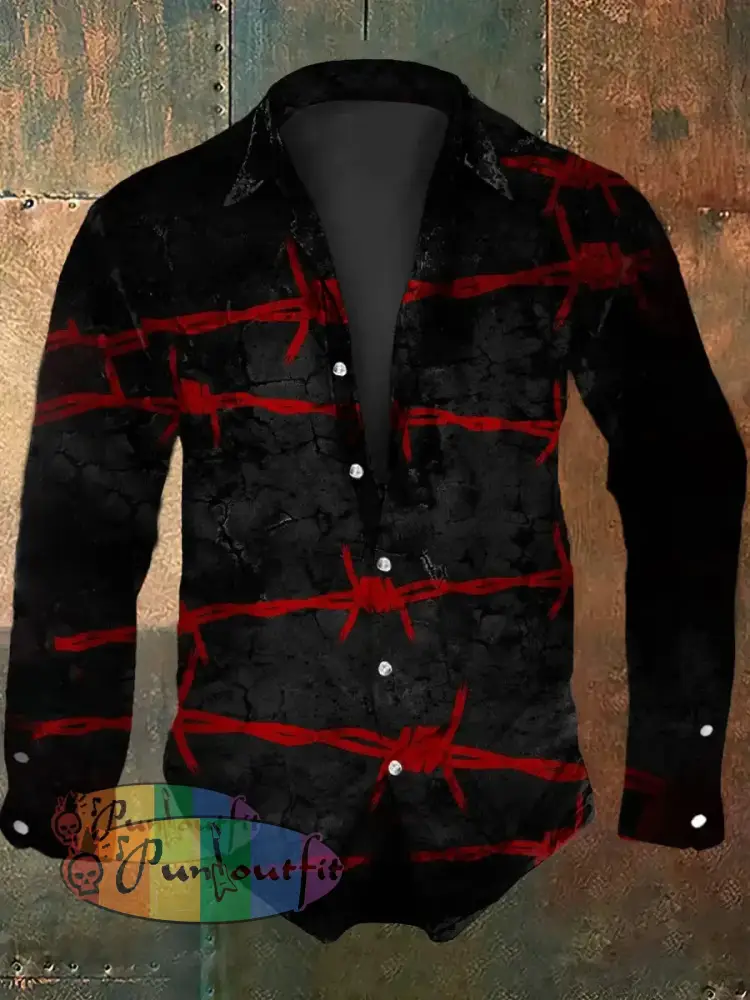 Men’s Vintage Punk Gothic Thorn Knot Clasp Abstract Print Casual Long Sleeve Shirt Black / S