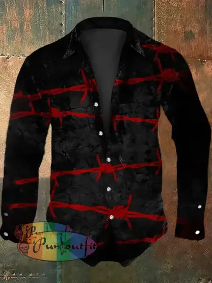 Men’s Vintage Punk Gothic Thorn Knot Clasp Abstract Print Casual Long Sleeve Shirt Black / S