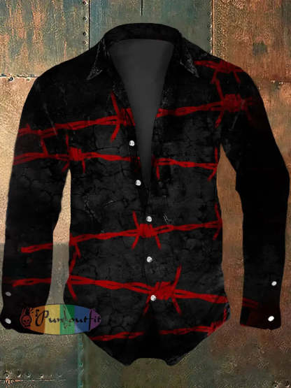 Men’s Vintage Punk Gothic Thorn Knot Clasp Abstract Print Casual Long Sleeve Shirt Black / S