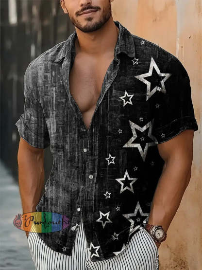 Men’s Vintage Punk Gradient Stars Abstract Print Casual Cotton Short Sleeve Shirt Black / S