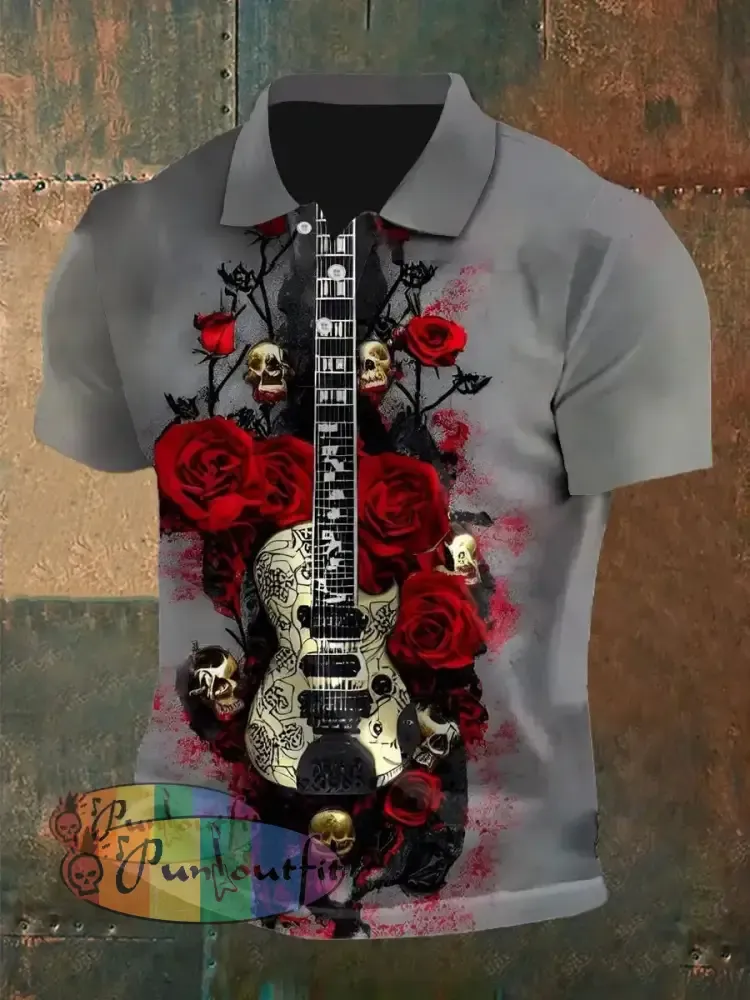 Men’s Vintage Punk Guitar Band Skull Rose Abstract Printed Casual Cotton Short Sleeve Polo Shirt Gray / S