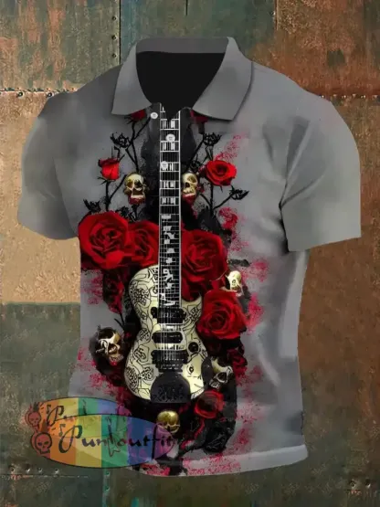 Men’s Vintage Punk Guitar Band Skull Rose Abstract Printed Casual Cotton Short Sleeve Polo Shirt Gray / S