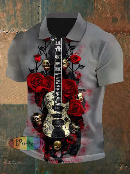 Men’s Vintage Punk Guitar Band Skull Rose Abstract Printed Casual Cotton Short Sleeve Polo Shirt Gray / S