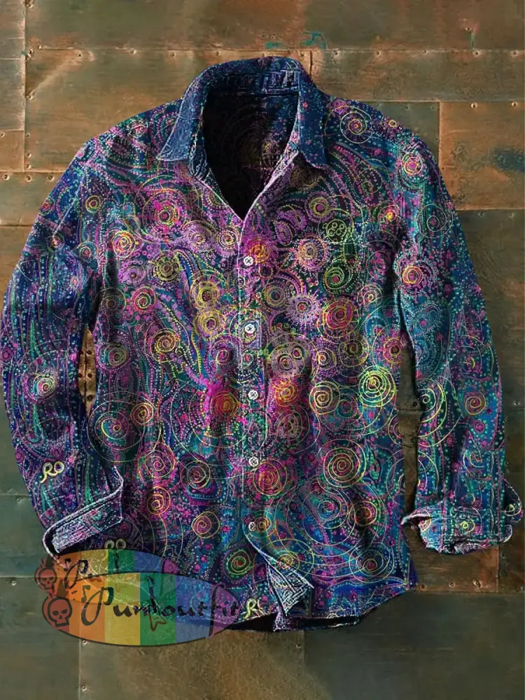 Men’s Vintage Punk Hippie Colorful Floral Patterns Art Print Casual Long Sleeve Shirt Blue / S