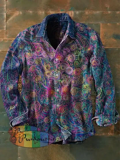 Men’s Vintage Punk Hippie Colorful Floral Patterns Art Print Casual Long Sleeve Shirt Blue / S