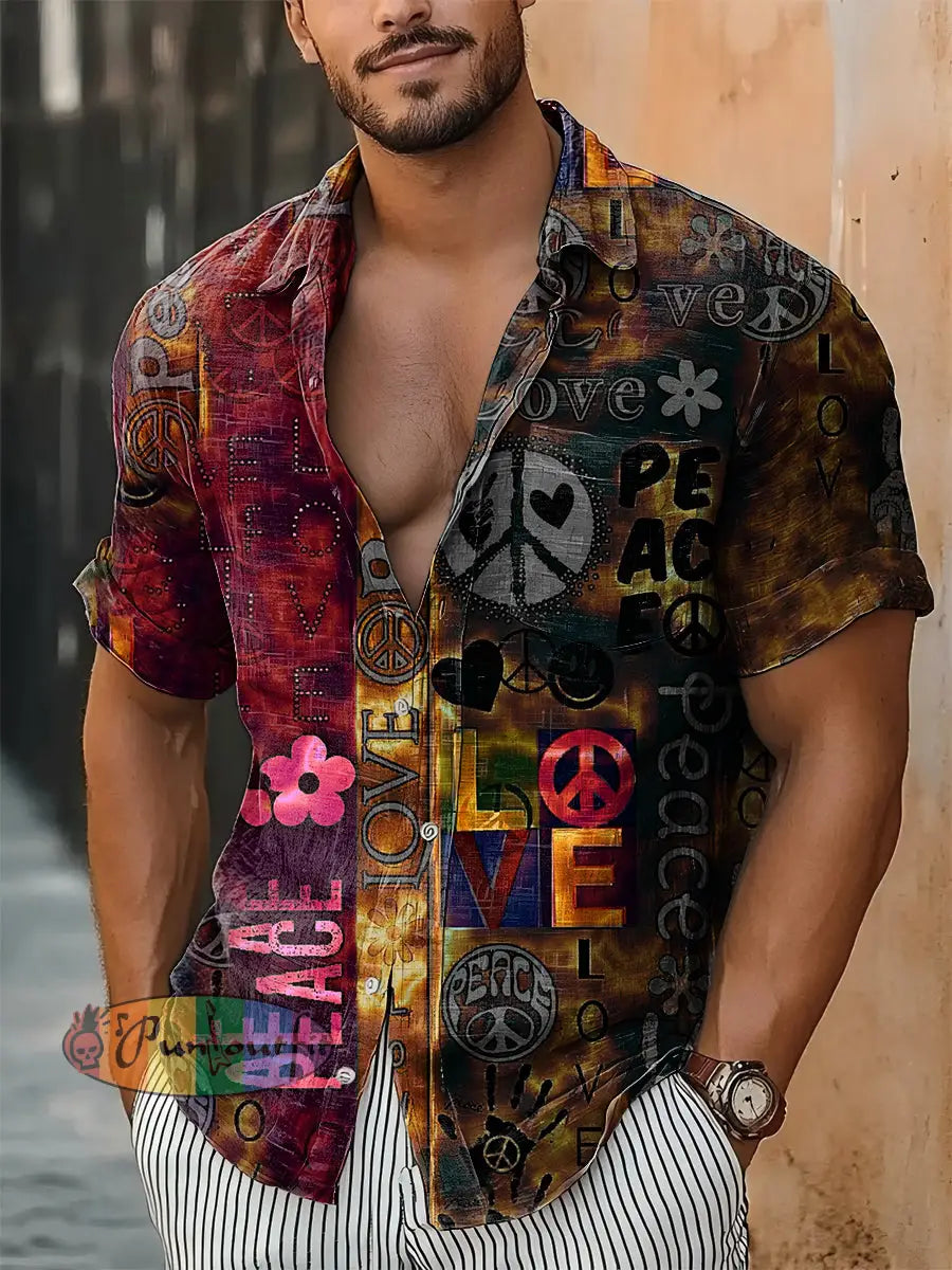 Men’s Vintage Punk Hippie Colourful Peace Love Abstract Print Casual Cotton Short Sleeve Shirt As picture / S