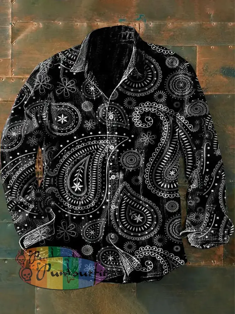 Men’s Vintage Punk Hippie Floral Art Print Casual Long Sleeve Shirt Black / S
