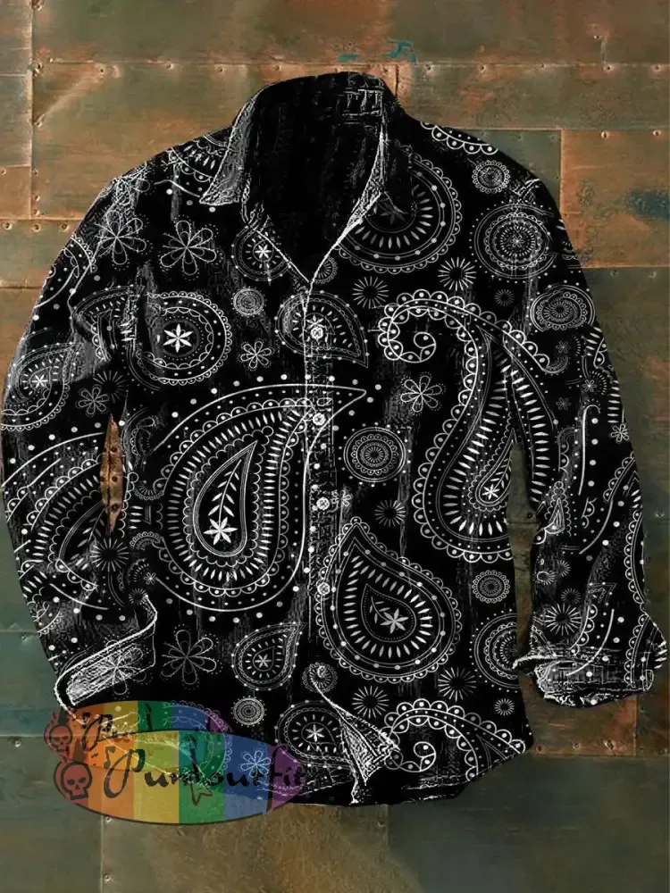 Men’s Vintage Punk Hippie Floral Art Print Casual Long Sleeve Shirt Black / S