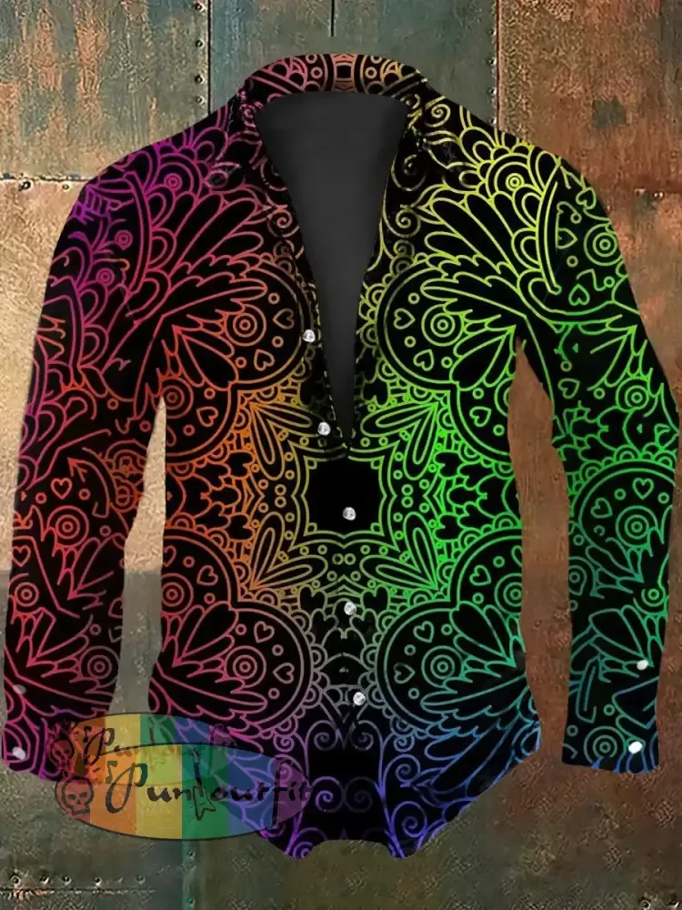 Men’s Vintage Punk Hippie Psychedelic Colourful Abstract Print Casual Long Sleeve Shirt As picture / S