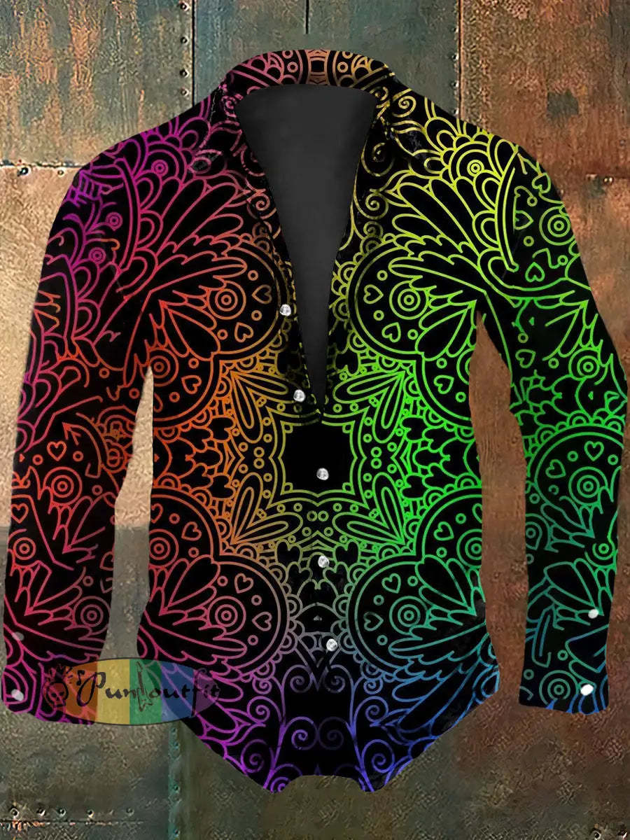 Men’s Vintage Punk Hippie Psychedelic Colourful Abstract Print Casual Long Sleeve Shirt As picture / S