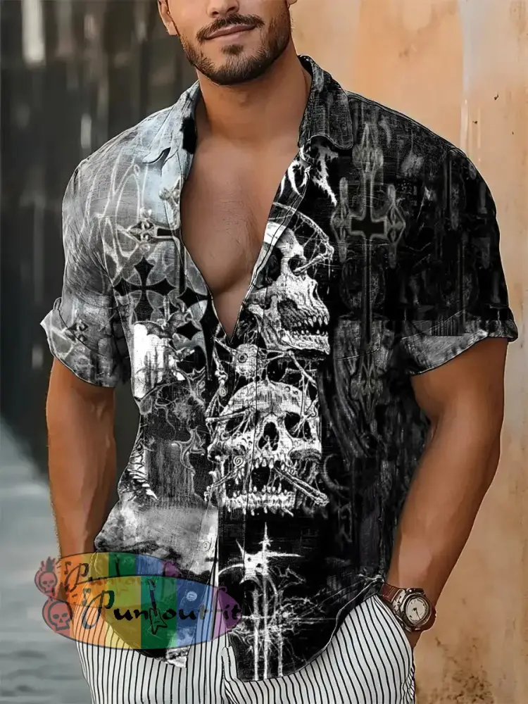 Men’s Vintage Punk Skull Colourful Cross Abstract Print Casual Cotton Short Sleeve Shirt Black / S