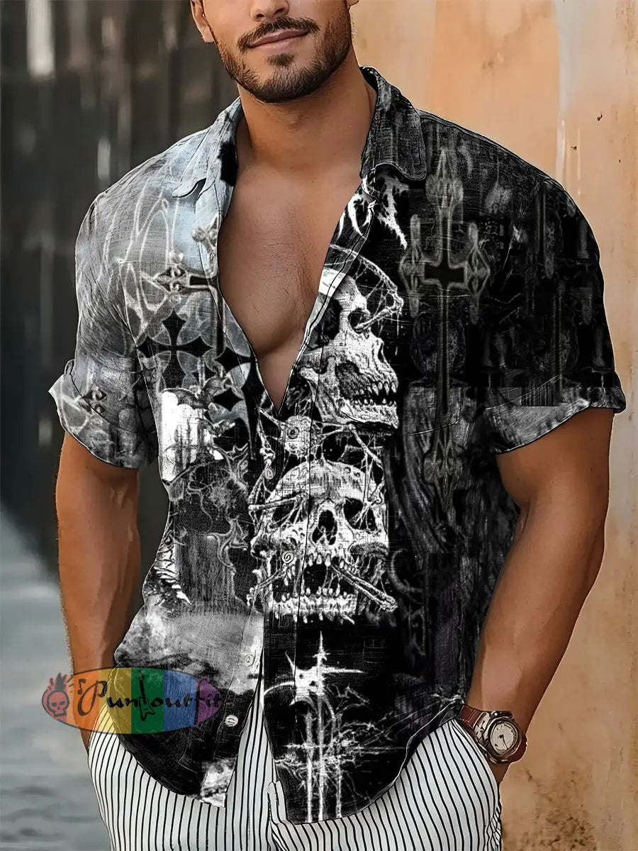 Men’s Vintage Punk Skull Colourful Cross Abstract Print Casual Cotton Short Sleeve Shirt Black / S