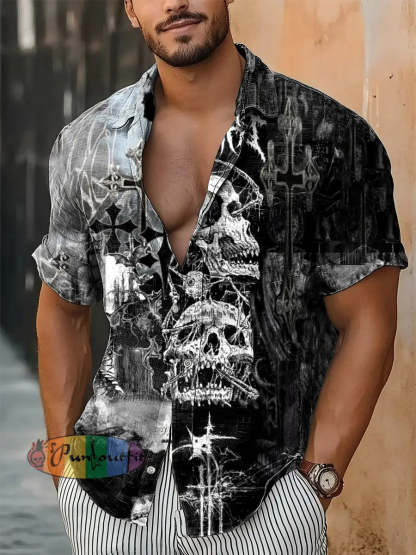 Men’s Vintage Punk Skull Colourful Cross Abstract Print Casual Cotton Short Sleeve Shirt Black / S