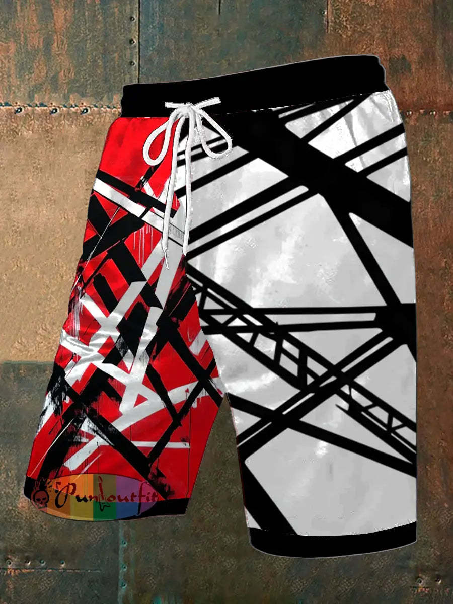 Men’s Vintage Punk VH Rock Colourblock Guitar Abstract Print Casual Pocket Drawstring Shorts
