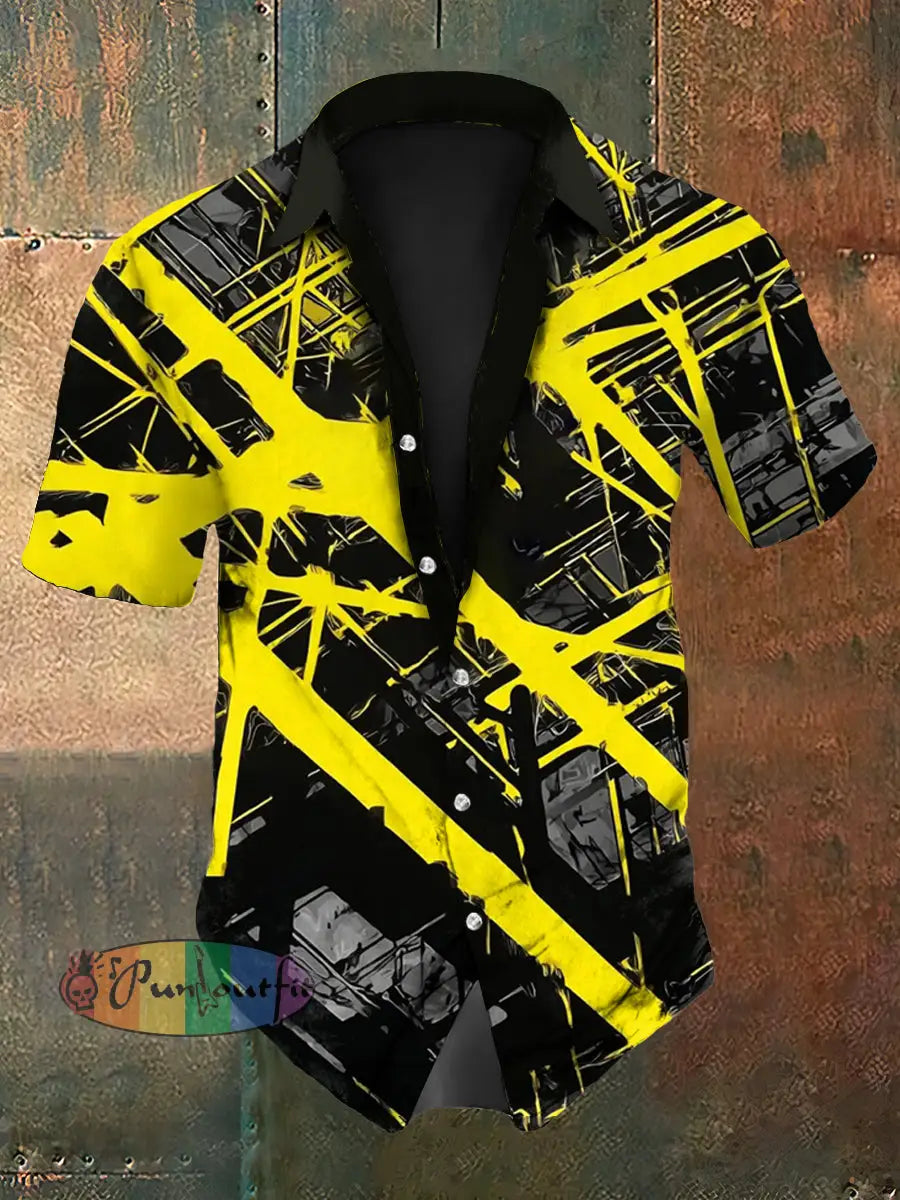 Men’s Vintage Punk VH Rock Guitar Grain Abstract Print Casual Cotton Short Sleeve Shirt