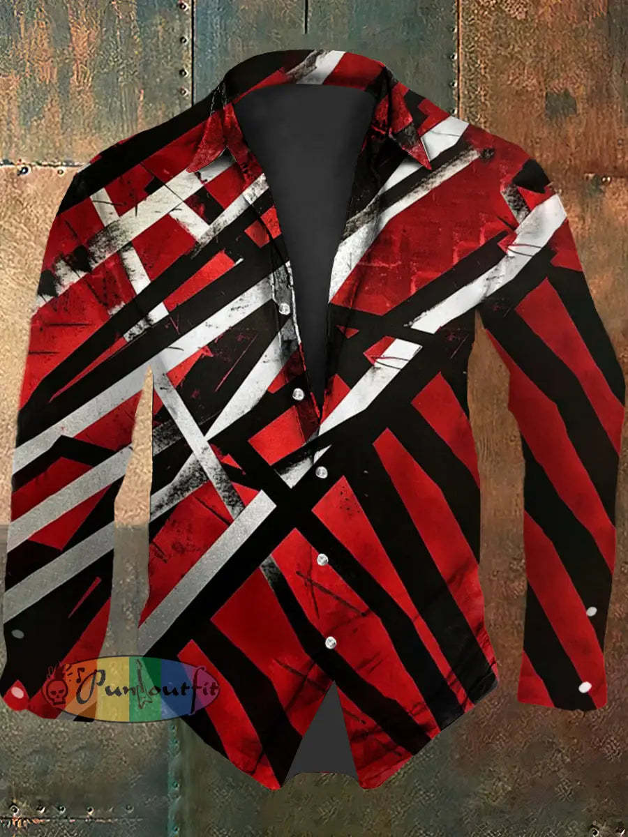 Men’s Vintage Punk VH Rock Guitar Grain Abstract Print Casual Cotton Short Sleeve Shirt Long Sleeve Shirt / S