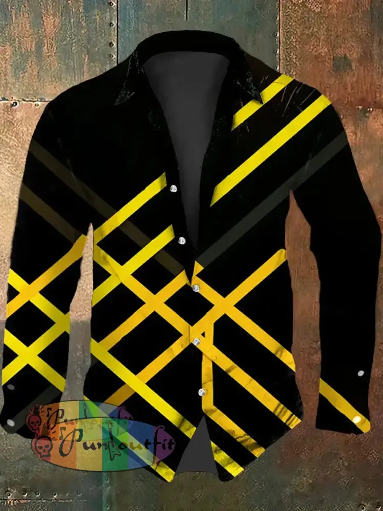 Men’s Vintage Punk VH Rock Guitar Grain Abstract Print Casual Cotton Short Sleeve Shirt Long Sleeve Shirt / S