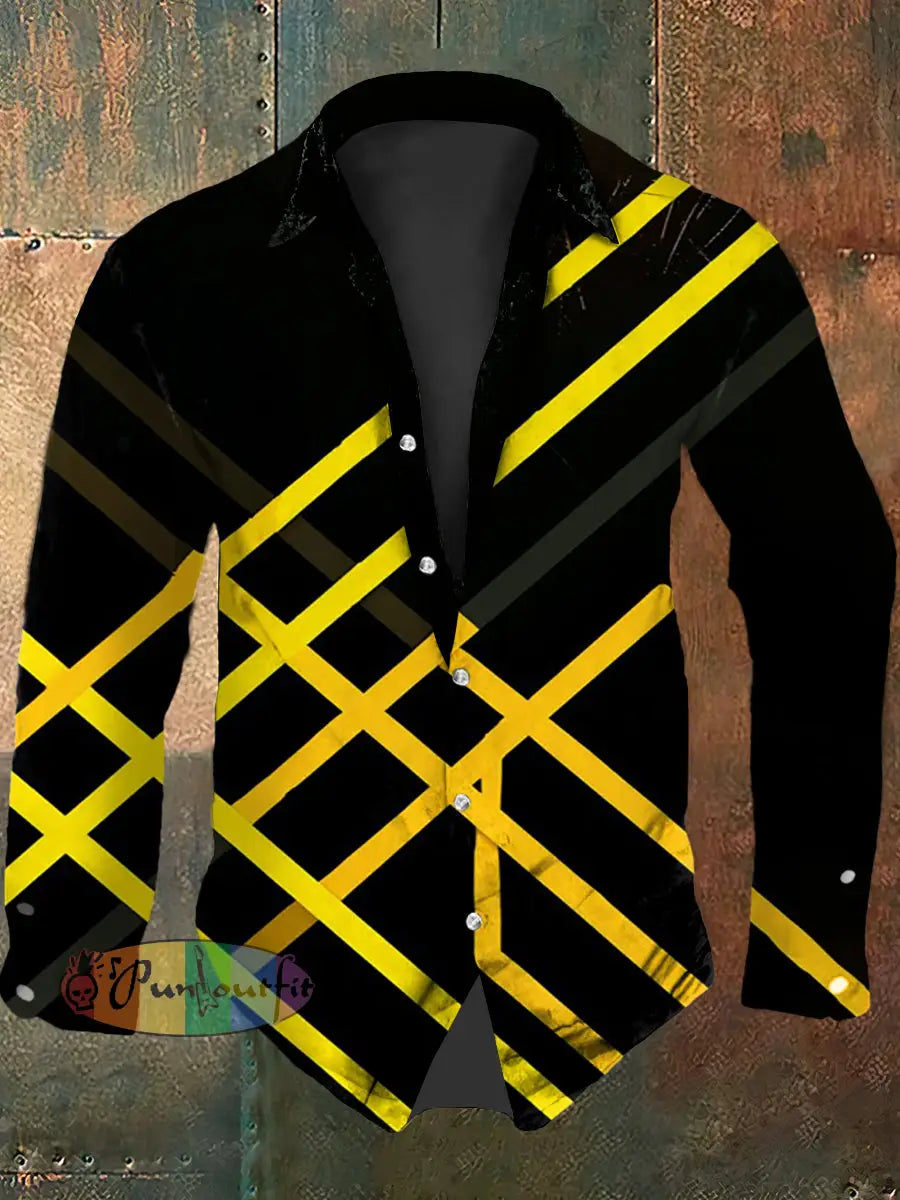 Men’s Vintage Punk VH Rock Guitar Grain Abstract Print Casual Cotton Short Sleeve Shirt Long Sleeve Shirt / S