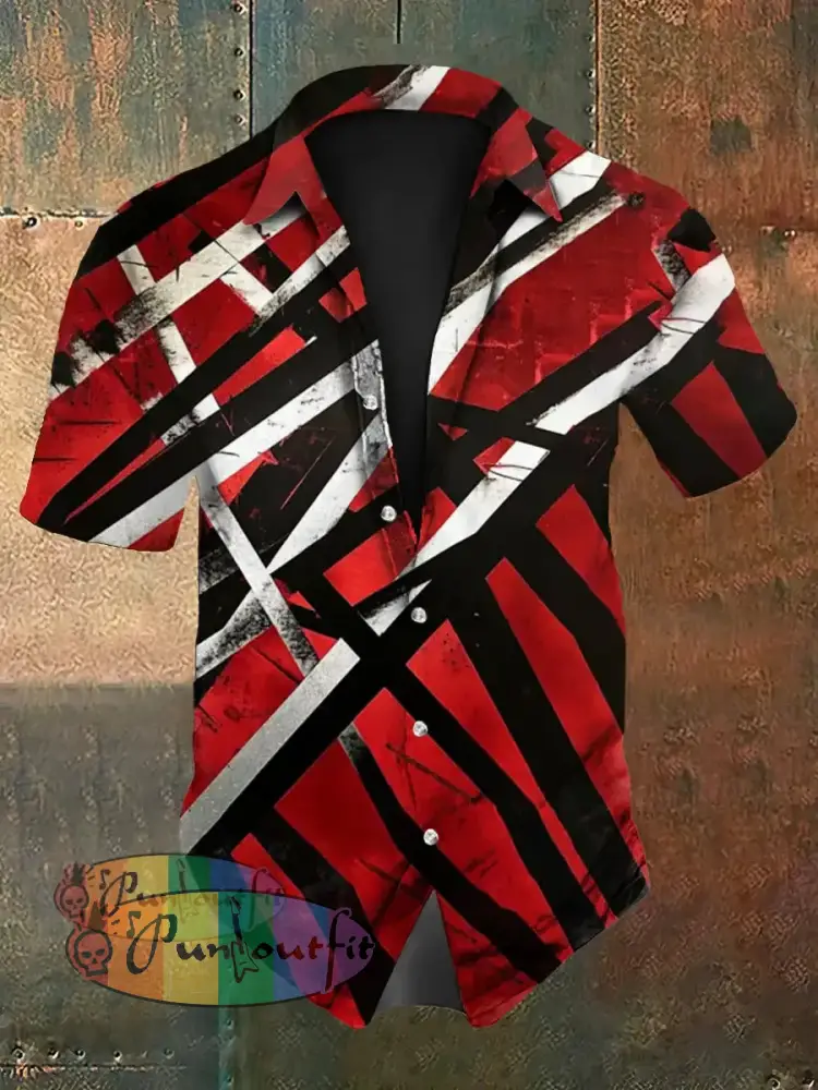 Men’s Vintage Punk VH Rock Guitar Grain Abstract Print Casual Cotton Short Sleeve Shirt Red / S