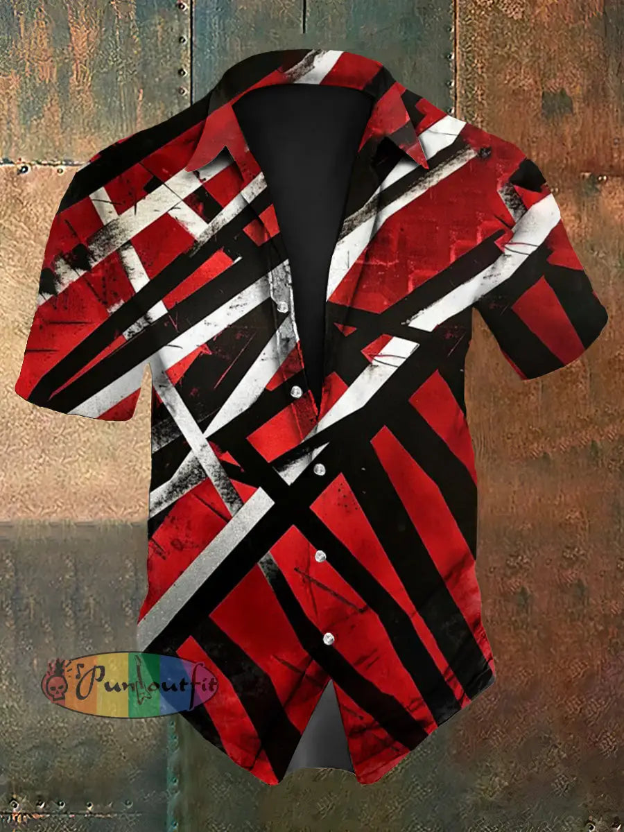 Men’s Vintage Punk VH Rock Guitar Grain Abstract Print Casual Cotton Short Sleeve Shirt Red / S