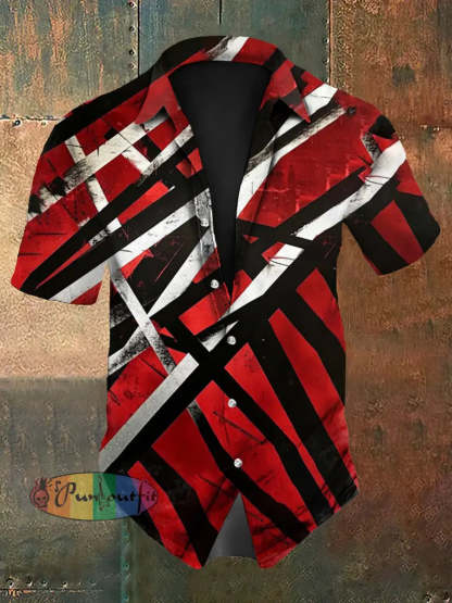 Men’s Vintage Punk VH Rock Guitar Grain Abstract Print Casual Cotton Short Sleeve Shirt Red / S