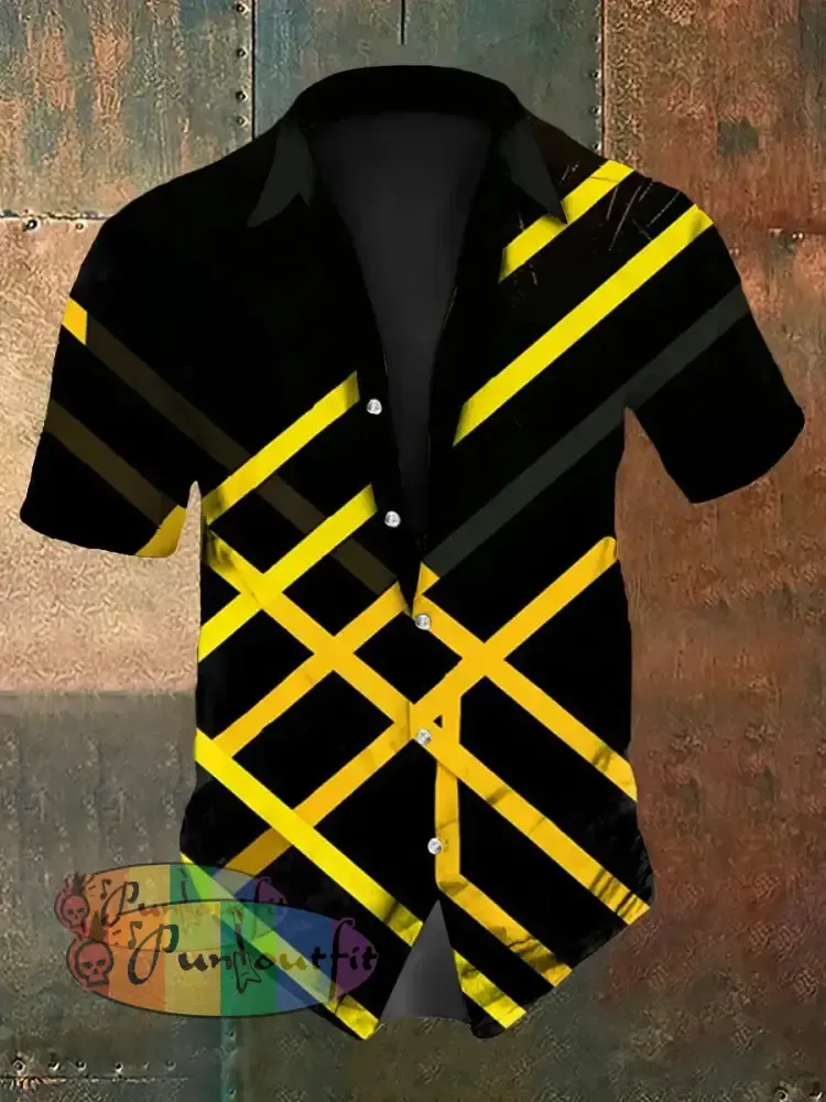 Men’s Vintage Punk VH Rock Guitar Grain Abstract Print Casual Cotton Short Sleeve Shirt