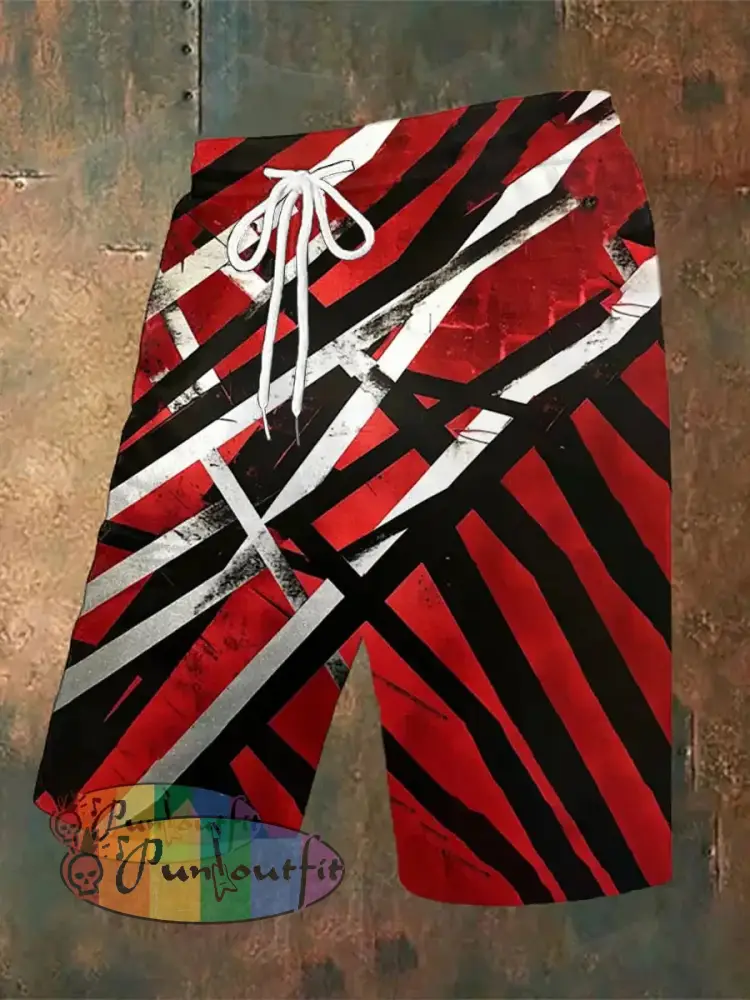 Men’s Vintage Punk VH Rock Guitar Grain Abstract Print Casual Cotton Short Sleeve Shirt Shorts / S