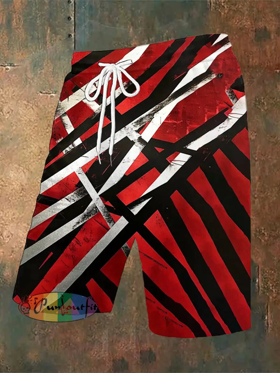 Men’s Vintage Punk VH Rock Guitar Grain Abstract Print Casual Cotton Short Sleeve Shirt Shorts / S