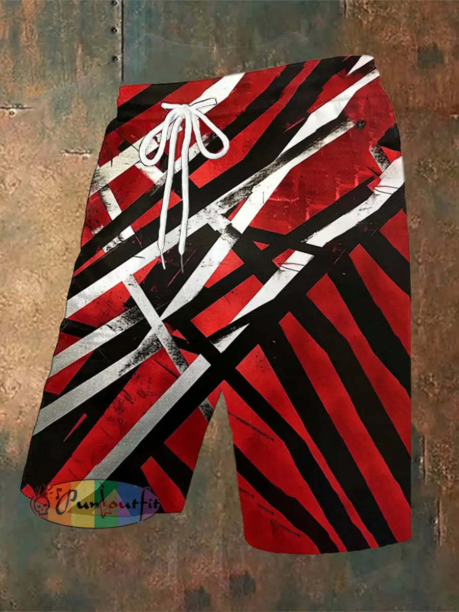 Men’s Vintage Punk VH Rock Guitar Grain Abstract Print Casual Cotton Short Sleeve Shirt Shorts / S