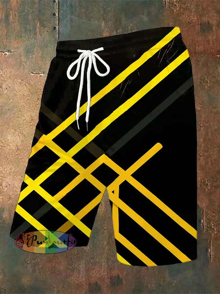 Men’s Vintage Punk VH Rock Guitar Grain Abstract Print Casual Cotton Short Sleeve Shirt Shorts / S