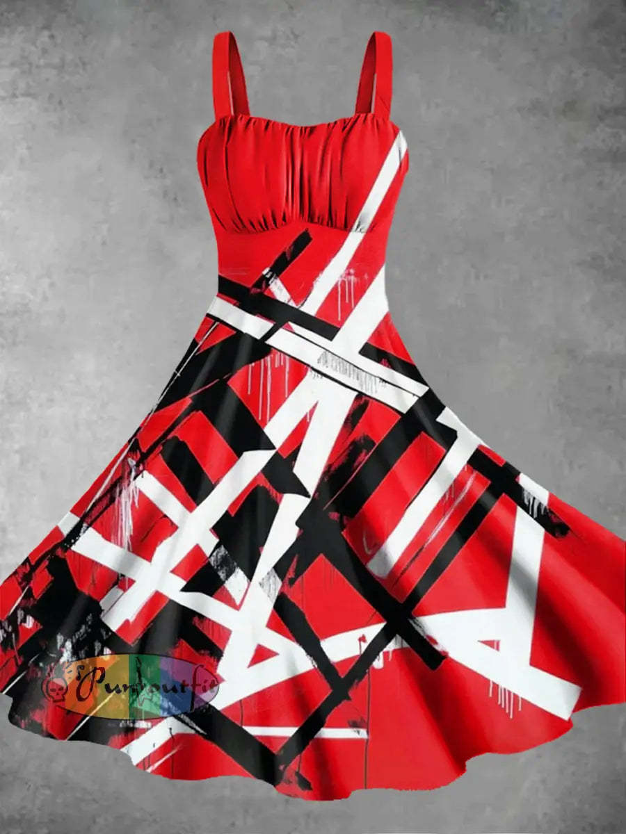 Men’s Vintage Punk VH Rock Guitar Grain Abstract Print Casual Pocket Drawstring Shorts