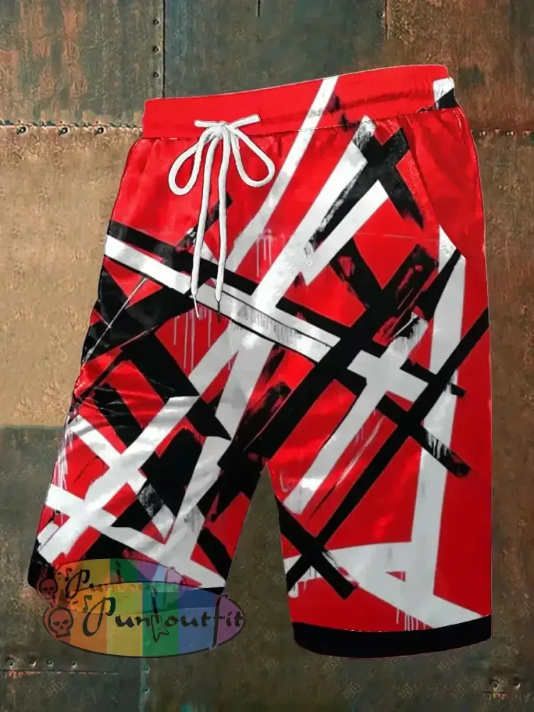 Men’s Vintage Punk VH Rock Guitar Grain Abstract Print Casual Pocket Drawstring Shorts