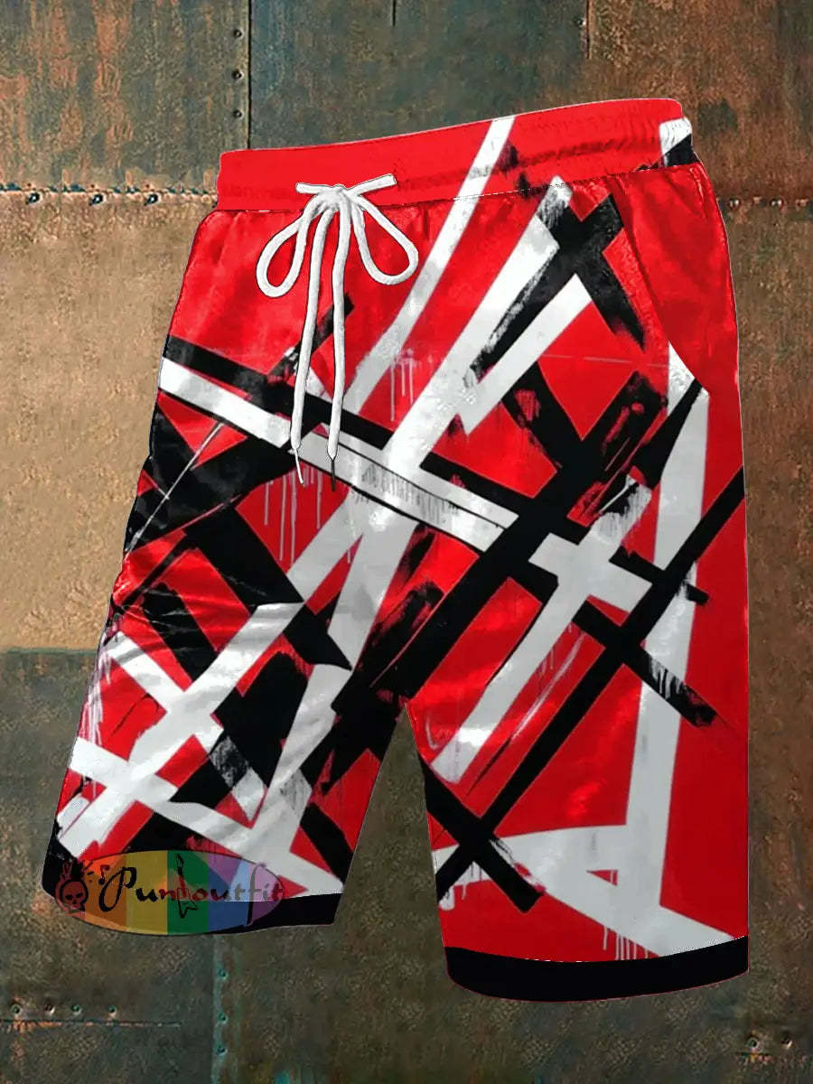 Men’s Vintage Punk VH Rock Guitar Grain Abstract Print Casual Pocket Drawstring Shorts