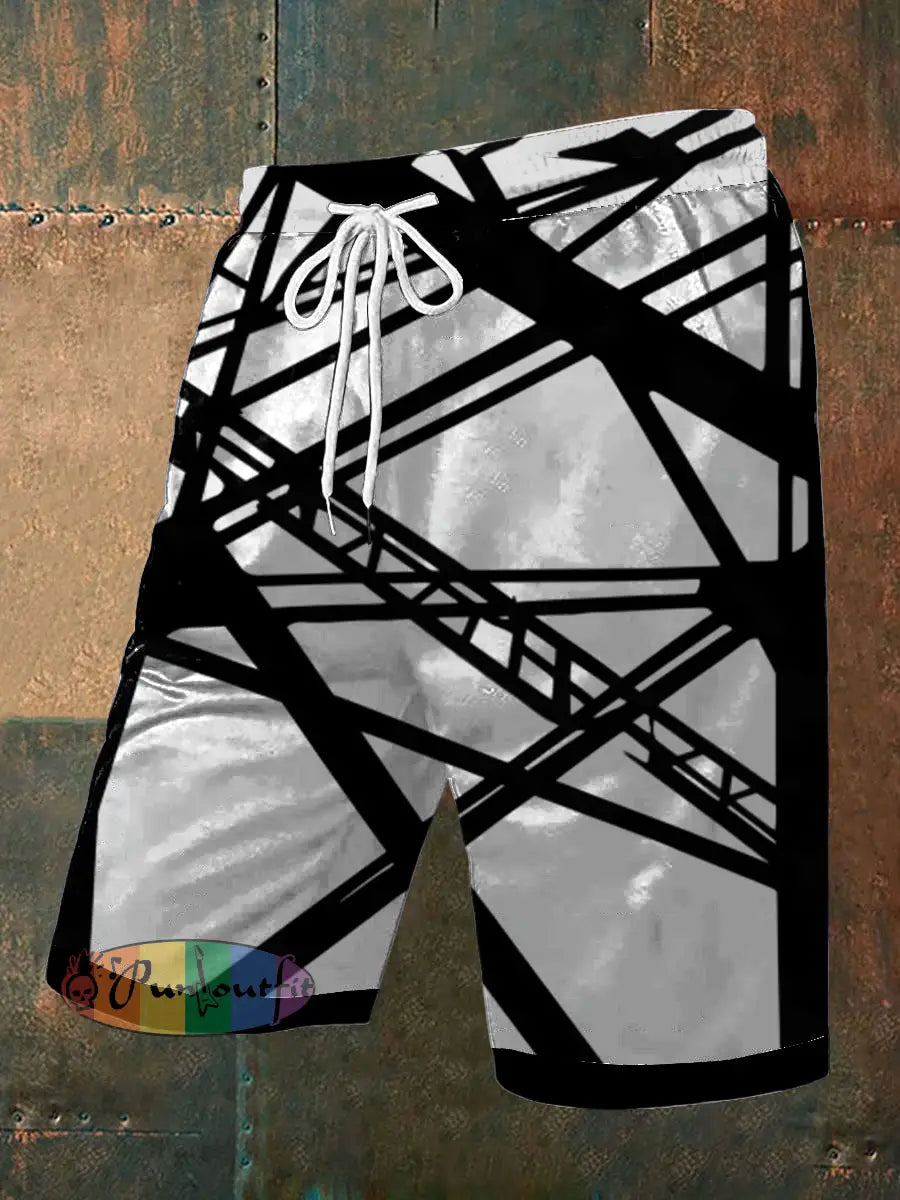 Men’s Vintage Punk VH Rock Guitar Grain Abstract Print Casual Pocket Drawstring Shorts White / S