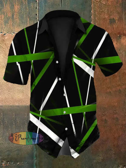 Men’s Vintage Punk VH Rock Guitar Grain Colourful Abstract Print Casual Cotton Short Sleeve Shirt Green / S