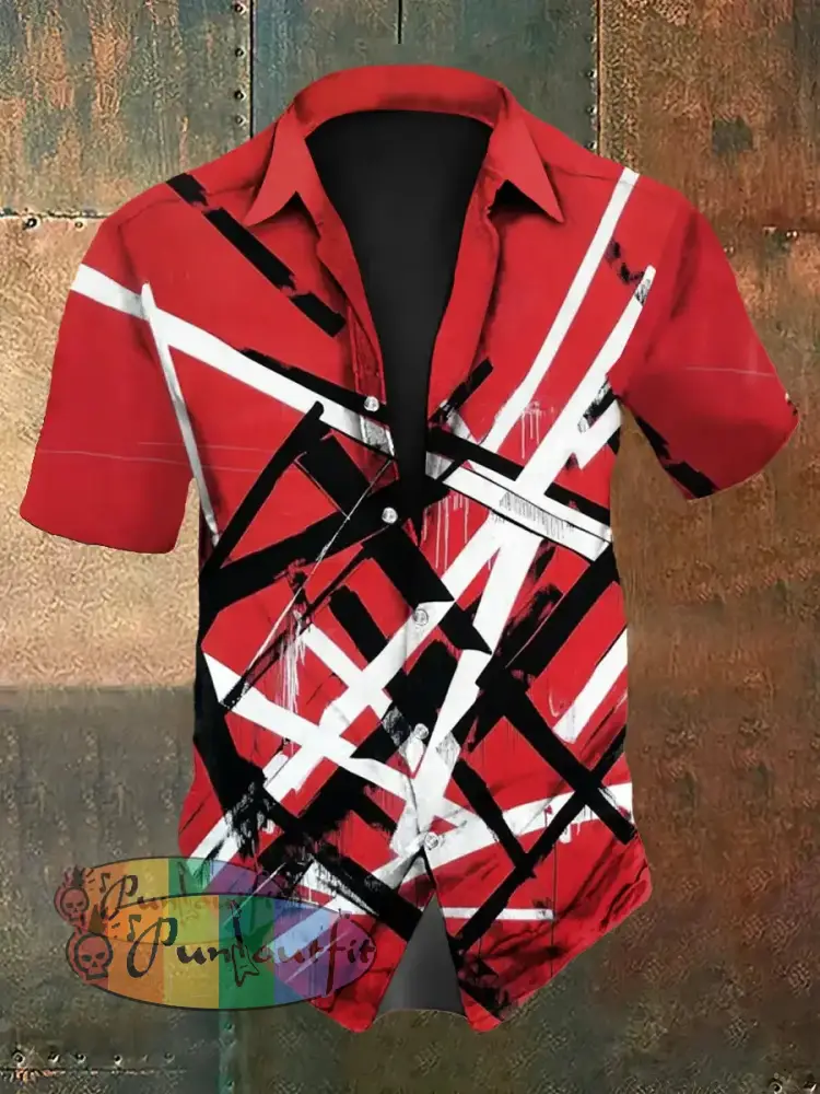 Men’s Vintage Punk VH Rock Red Guitar Grain Abstract Print Casual Cotton Short Sleeve Shirt