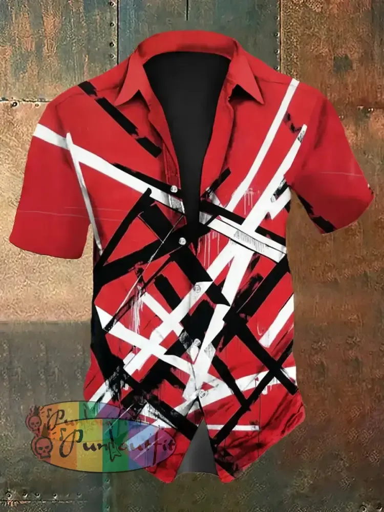 Men’s Vintage Punk VH Rock Red Guitar Grain Abstract Print Casual Cotton Short Sleeve Shirt