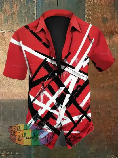 Men’s Vintage Punk VH Rock Red Guitar Grain Abstract Print Casual Cotton Short Sleeve Shirt