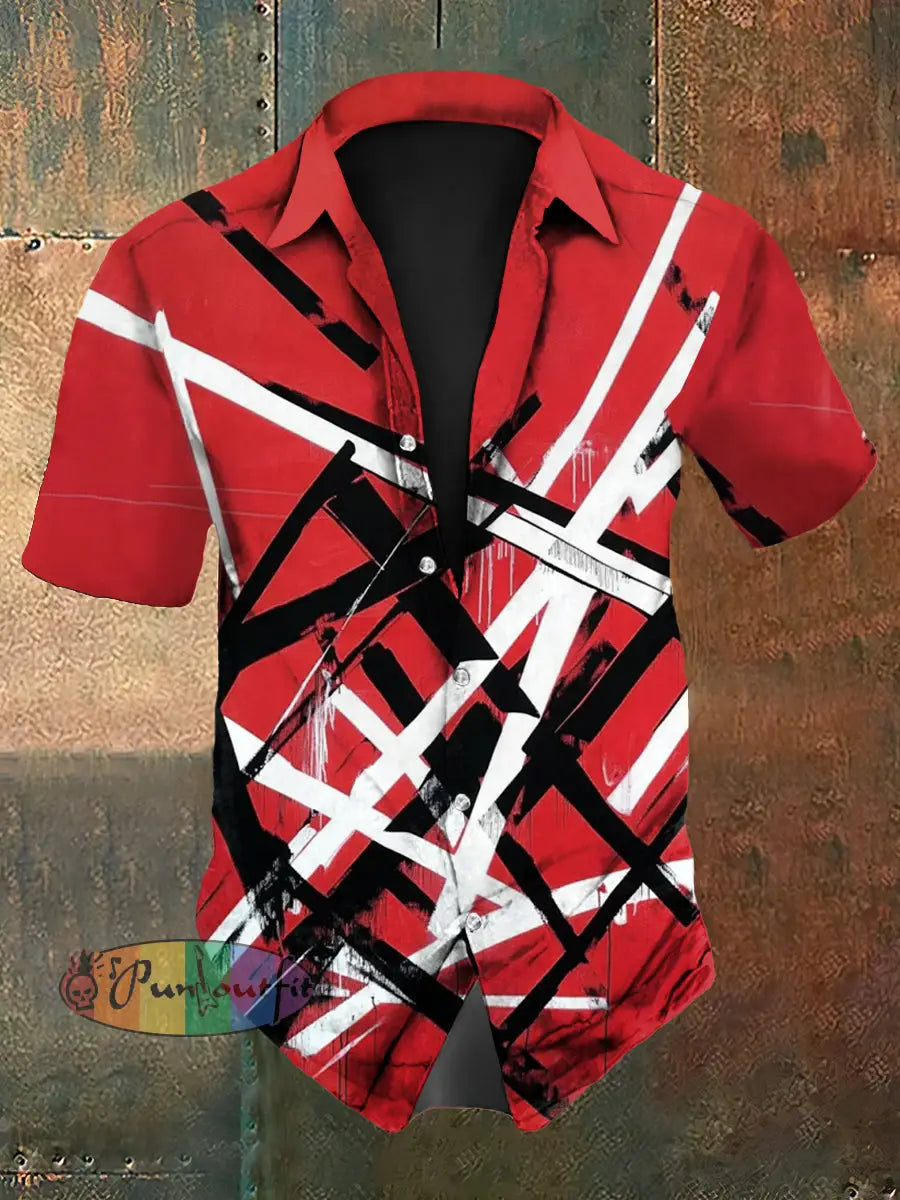 Men’s Vintage Punk VH Rock Red Guitar Grain Abstract Print Casual Cotton Short Sleeve Shirt