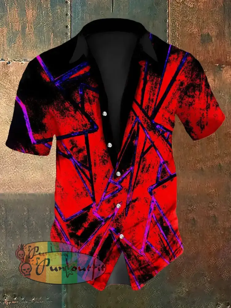 Men’s Vintage Punk VH Rock Red Guitar Grain Abstract Print Casual Cotton Short Sleeve Shirt Red / S