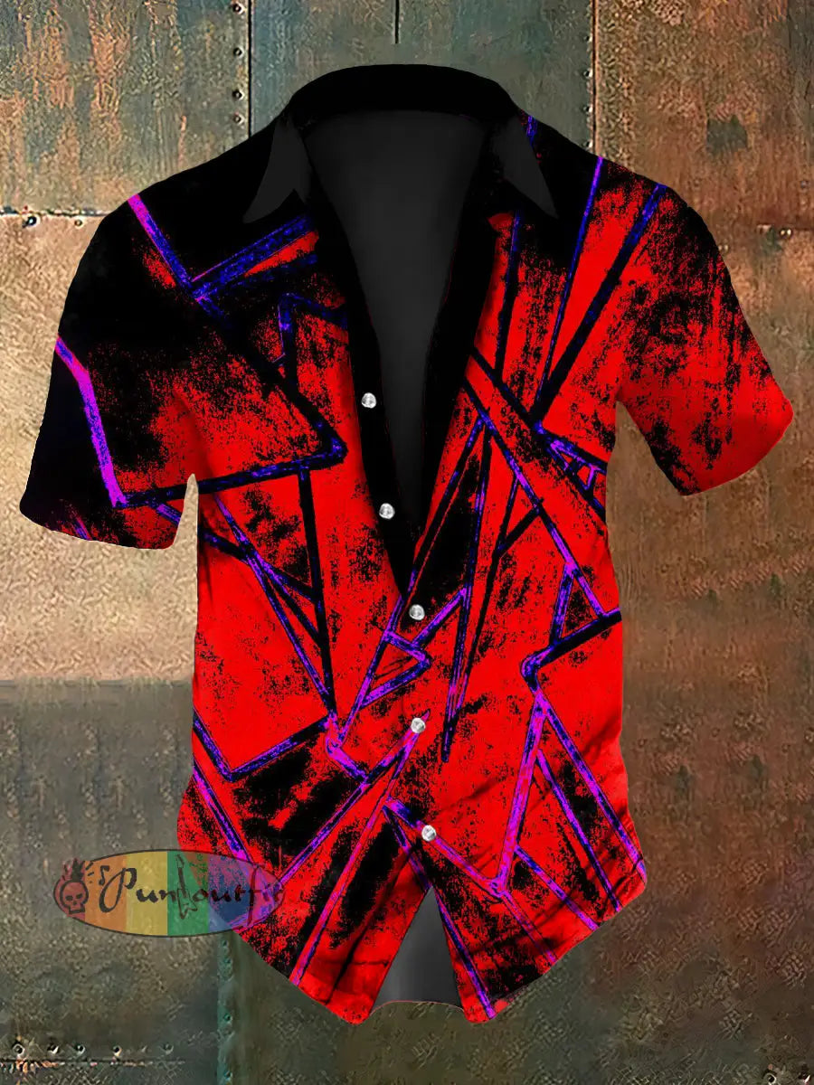 Men’s Vintage Punk VH Rock Red Guitar Grain Abstract Print Casual Cotton Short Sleeve Shirt Red / S